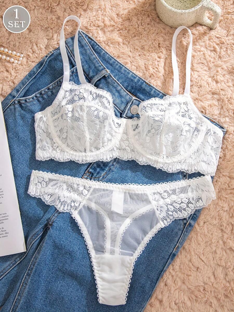 White Lace Bra and Panty Set w - Sheer Mesh Bra ulasan dan harga