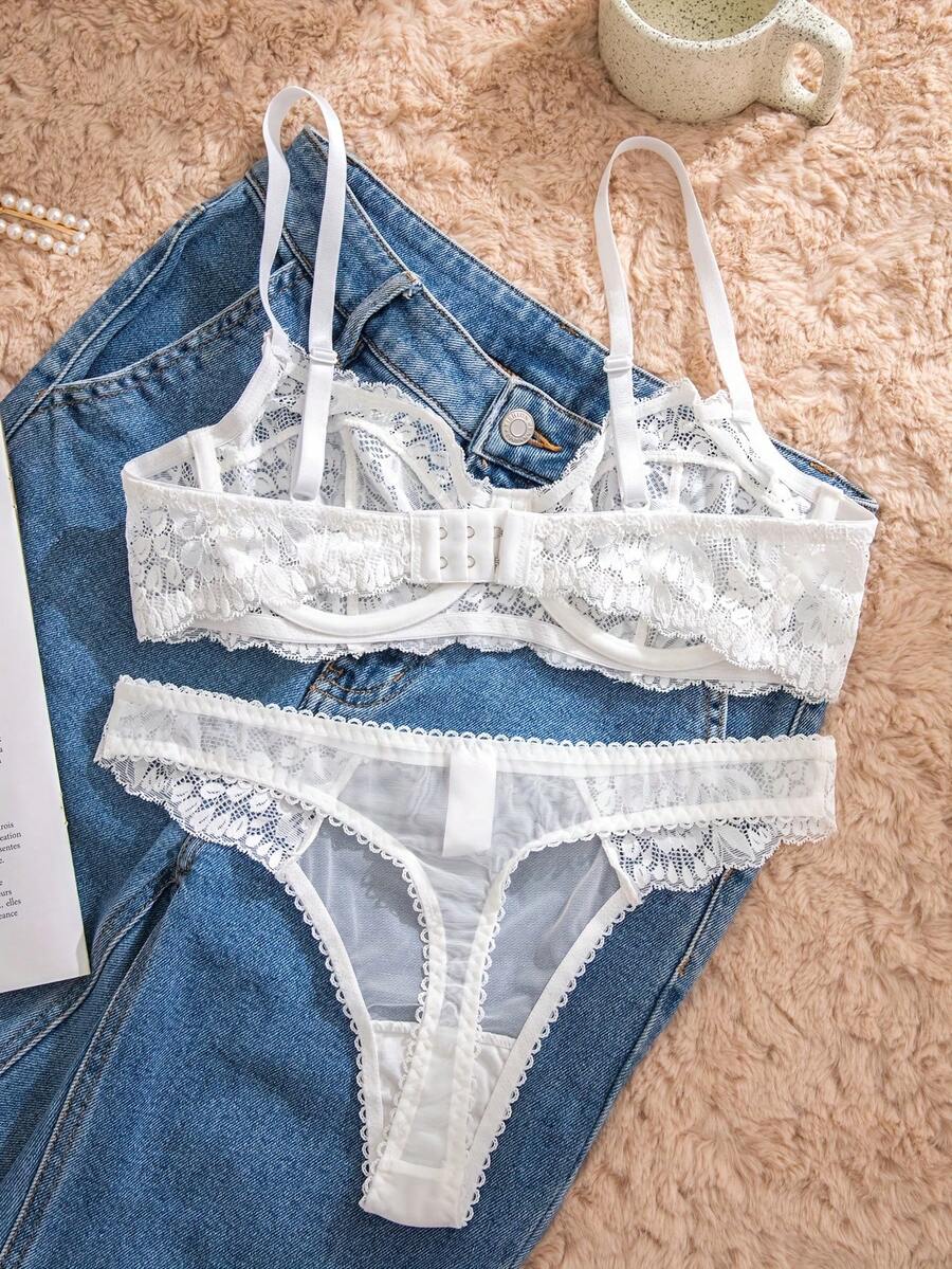 White Lace Bra and Panty Set w - Sheer Mesh Bra ulasan dan harga