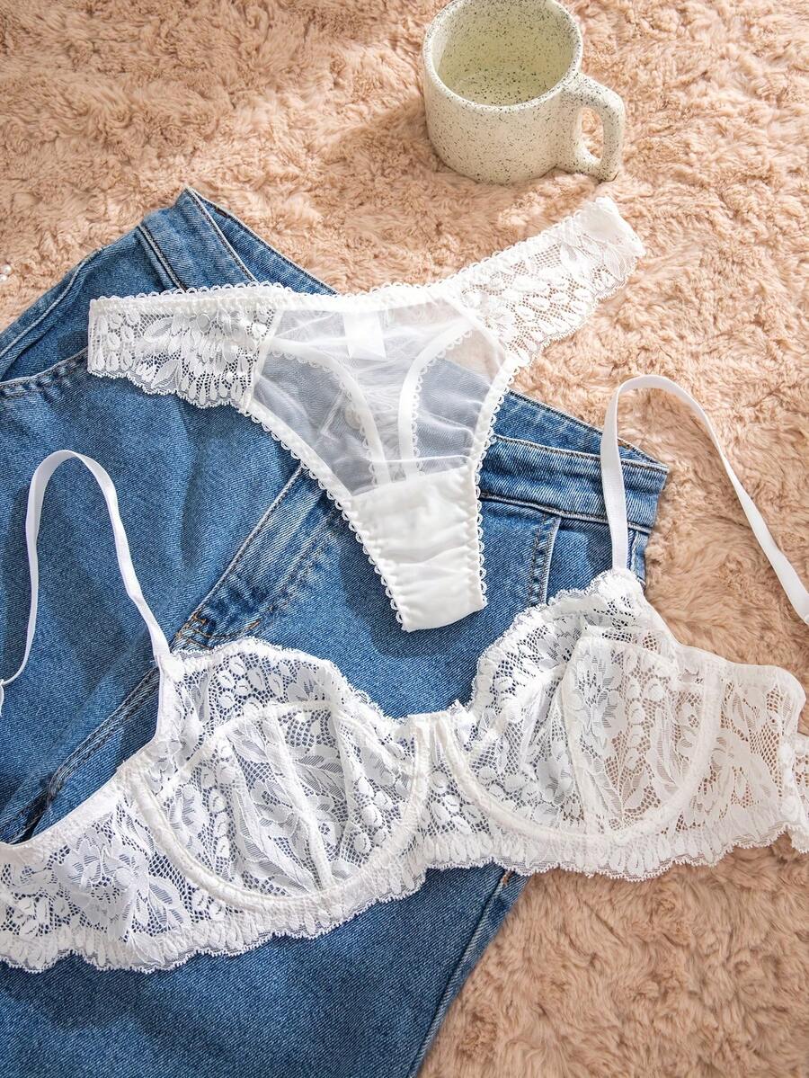 White Lace Bra and Panty Set w - Sheer Mesh Bra ulasan dan harga