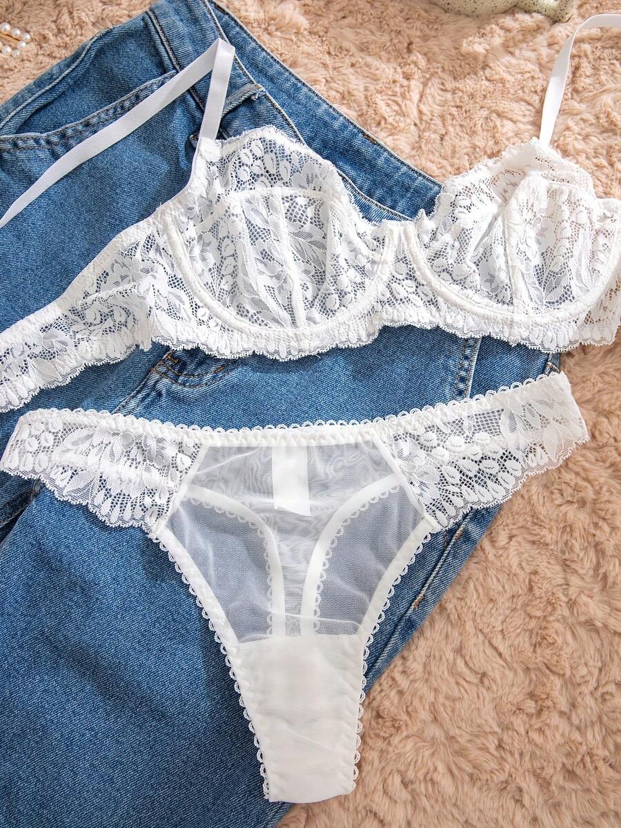 White Lace Bra and Panty Set w - Sheer Mesh Bra ulasan dan harga
