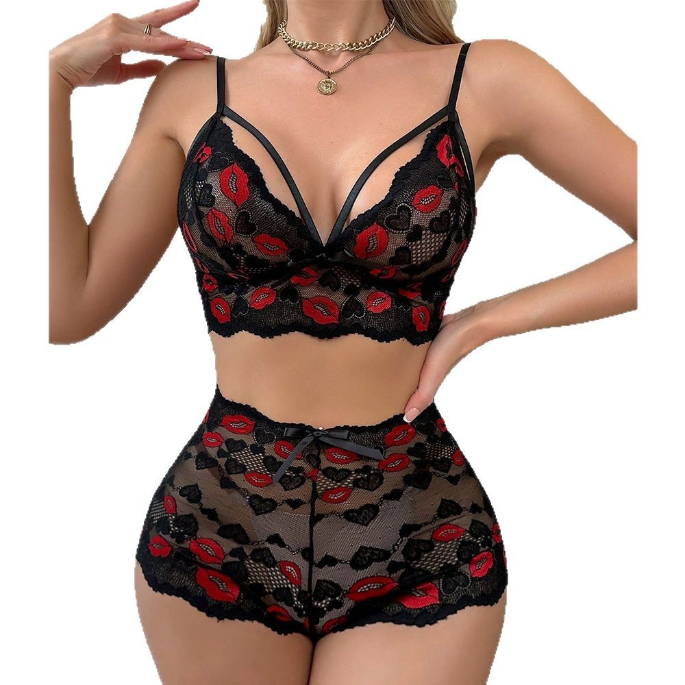 Babydoll Lingerie Set Red Lips - Sheer Mesh Bra ulasan dan harga